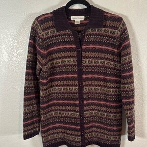 Casual Corner 90’s Purple Fair Isle Striped Chenille Collared Cardigan Size Med